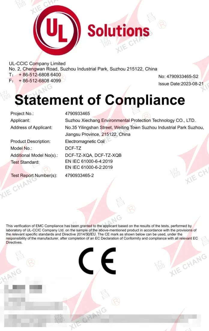 CE Statement of Compliance (EMC) — DCF-TZ Solenoid Coil (UL-CCIC)
