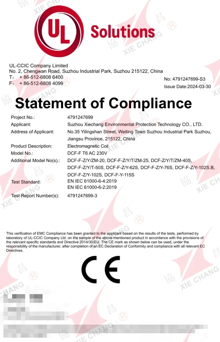 CE Statement of Compliance — DCF-F Solenoid Coil (T6, AC 230V)