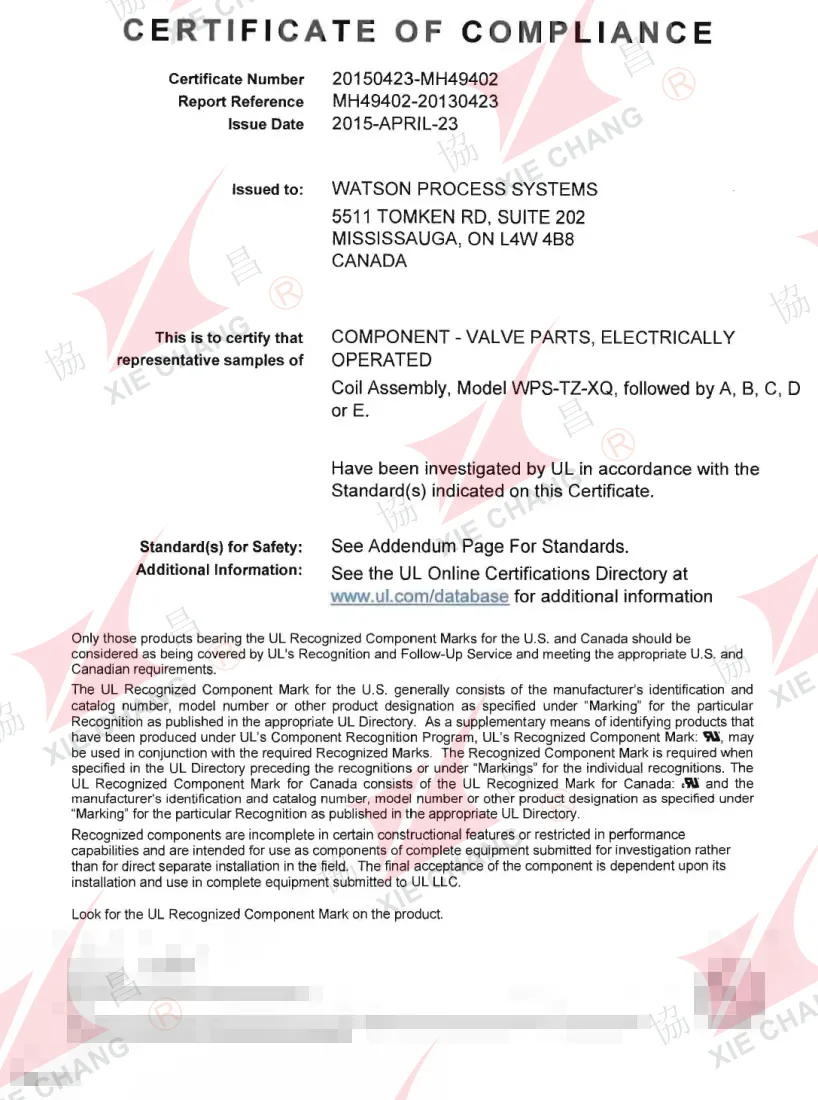 UL Certificate of Compliance — Recognized Component, Coil Assembly for Electrically Operated Valves
