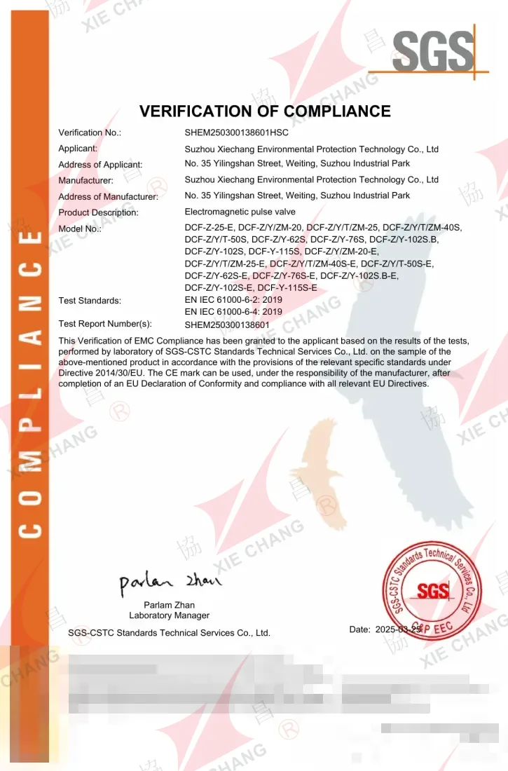 SGS CE Verification of Compliance (EMC) — DCF Series Pulse Valves