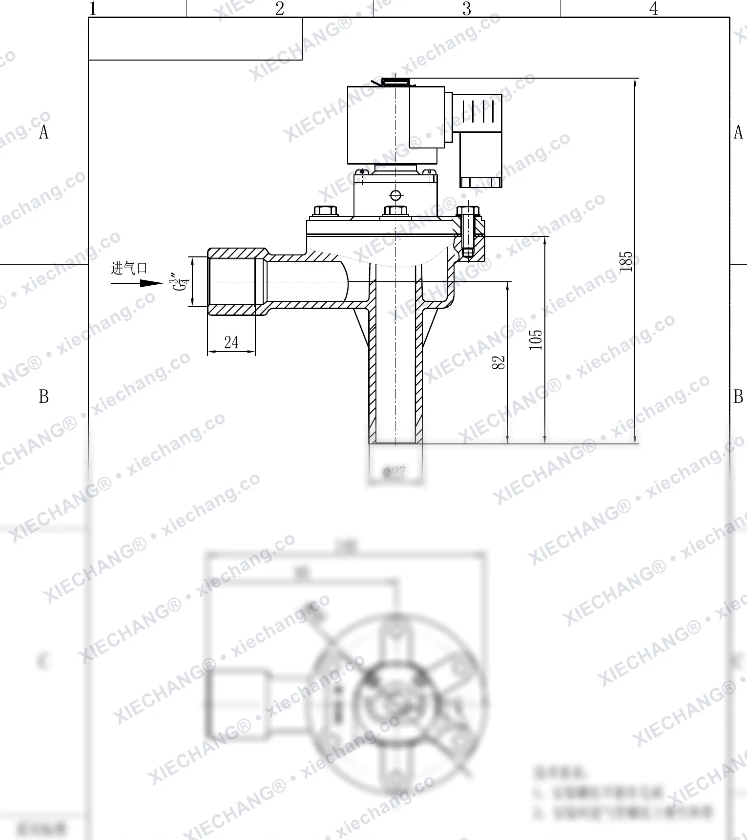 DCF-2L-B · 3/4" · right-angle pulse valve (B type) — Installation Drawing