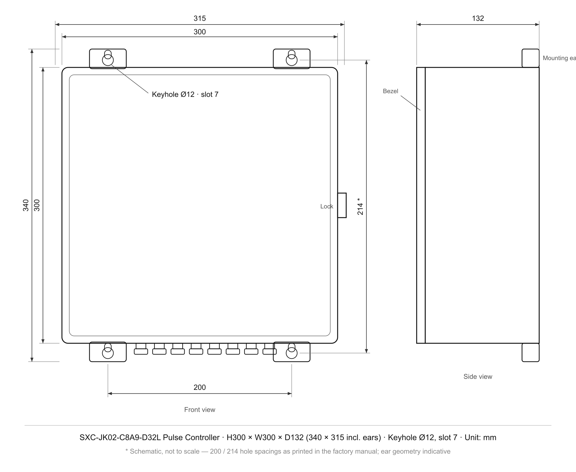 SXC-JK02-C8A9-D32L · 32 ch · wall-cabinet pulse controller — Enclosure & Mounting Drawing