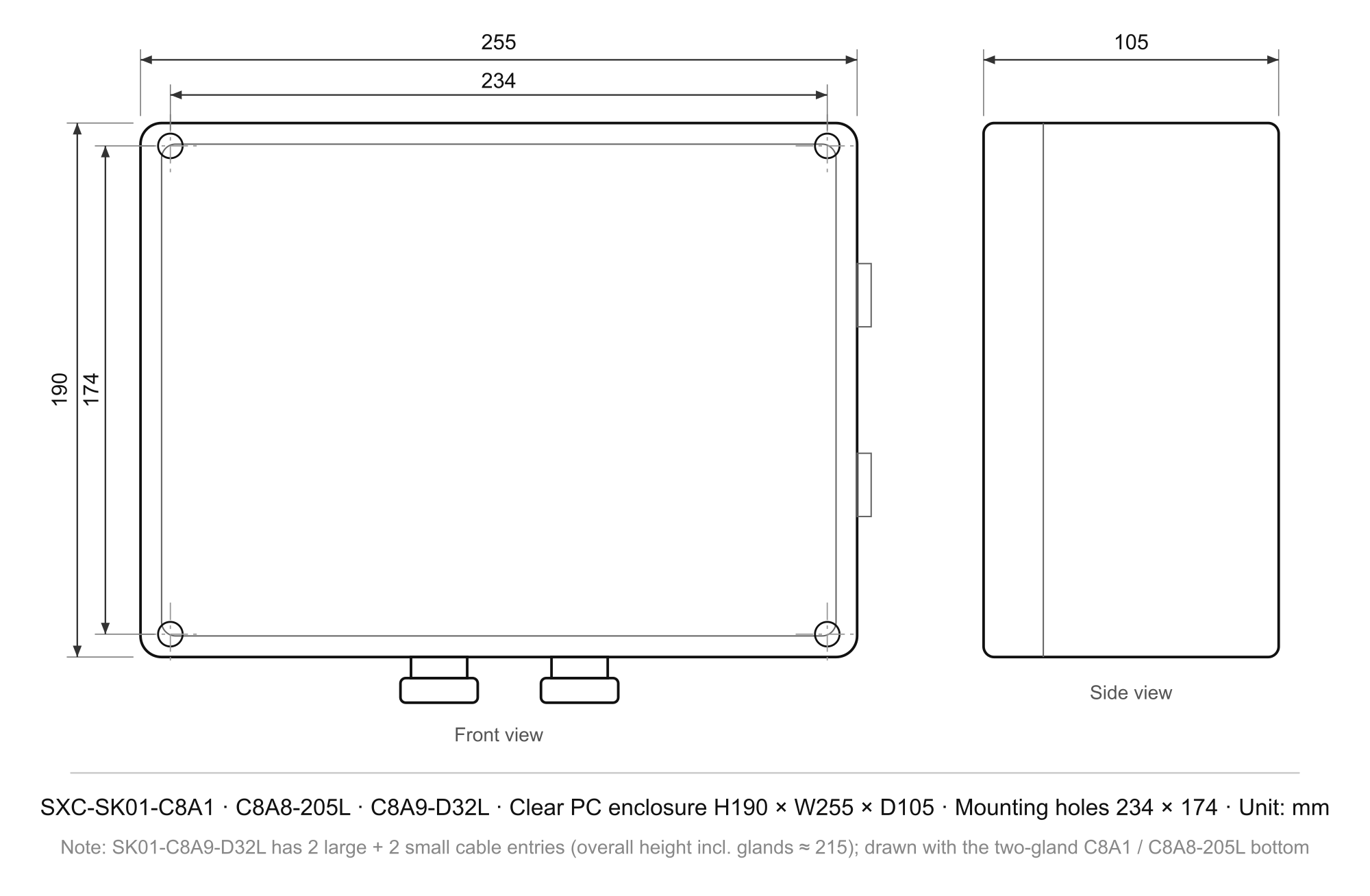 SXC-SK01-C8A9-D32L · 32 ch · ΔP pulse controller — Enclosure & Mounting Drawing